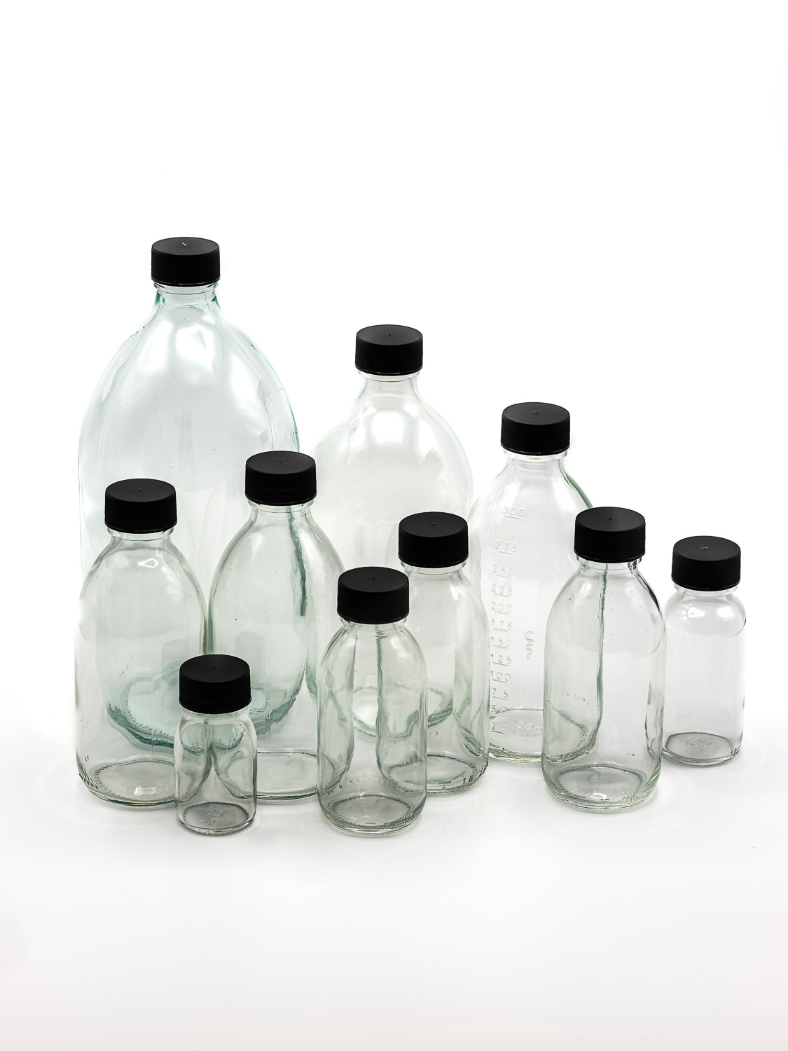 fles wit glas model OBUS PP28 + zwarte schroefdop (kleine verpakking)